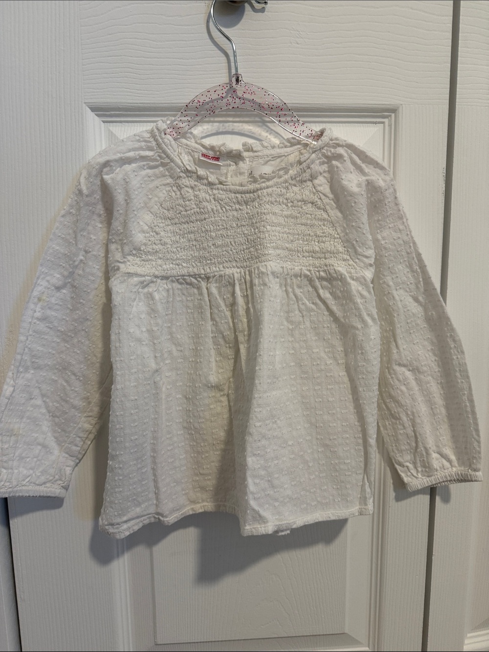 Mango White Long-Sleeve Swiss Dot Smocked Top